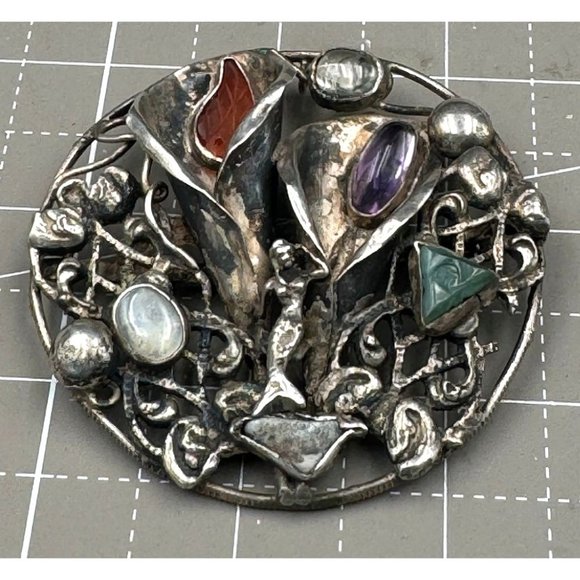 One of a Kind Modernist Sterling Brooch Mermaid Stones Trumpet Flowers